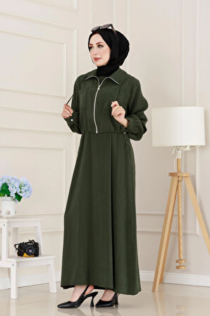 Cep Detaylı Cepkenli Ela Elbise-Yeşil