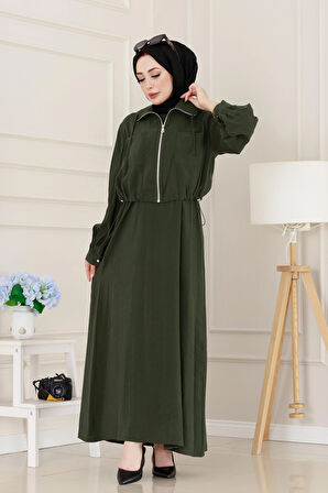 Cep Detaylı Cepkenli Ela Elbise-Yeşil