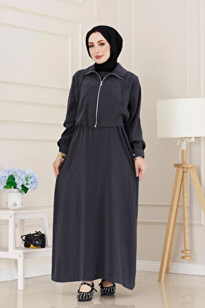 Cep Detaylı Cepkenli Ela Elbise-Antrasit