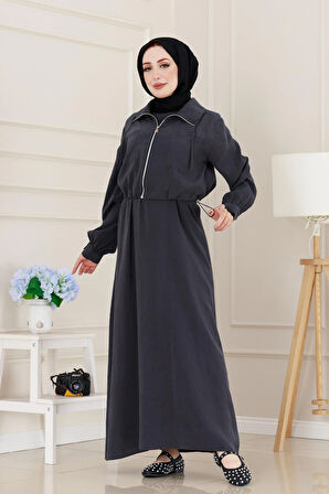 Cep Detaylı Cepkenli Ela Elbise-Antrasit