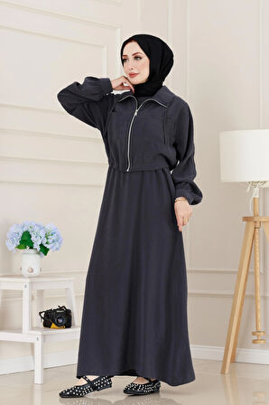 Cep Detaylı Cepkenli Ela Elbise-Antrasit