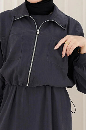 Cep Detaylı Cepkenli Ela Elbise-Antrasit