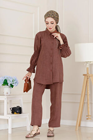 Önü Taşlı Kolu Lastikli İkili Takım-Kahverengi