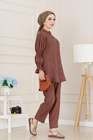 Önü Taşlı Kolu Lastikli İkili Takım-Kahverengi