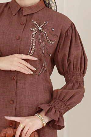 Önü Taşlı Kolu Lastikli İkili Takım-Kahverengi