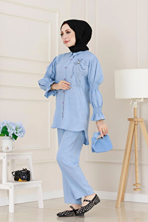 Önü Taşlı Kolu Lastikli İkili Takım-Bebe mavi