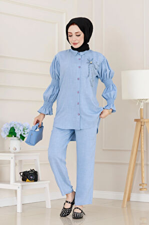 Önü Taşlı Kolu Lastikli İkili Takım-Bebe mavi