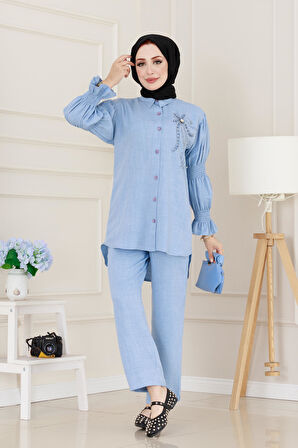 Önü Taşlı Kolu Lastikli İkili Takım-Bebe mavi