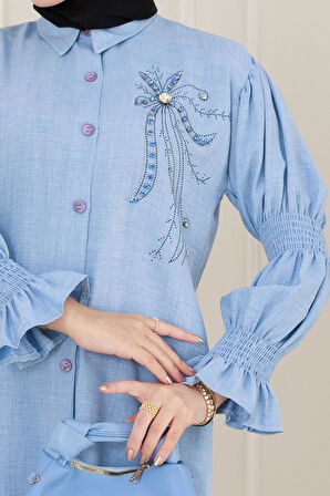 Önü Taşlı Kolu Lastikli İkili Takım-Bebe mavi