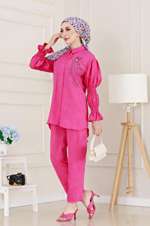 Önü Taşlı Kolu Lastikli İkili Takım-Fuşya