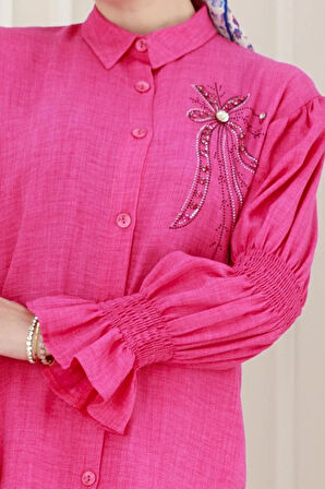 Önü Taşlı Kolu Lastikli İkili Takım-Fuşya