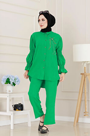 Önü Taşlı Kolu Lastikli İkili Takım-Yeşil