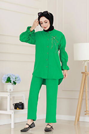Önü Taşlı Kolu Lastikli İkili Takım-Yeşil
