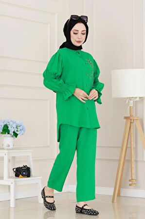 Önü Taşlı Kolu Lastikli İkili Takım-Yeşil