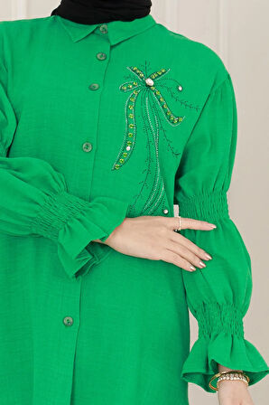 Önü Taşlı Kolu Lastikli İkili Takım-Yeşil