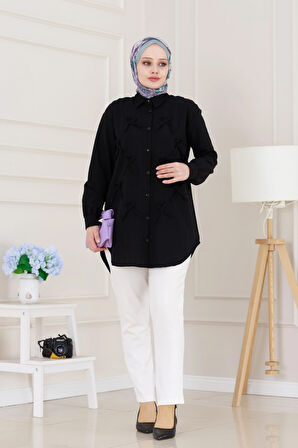 Önü Fiyonk Detaylı Keten Tunik-Siyah