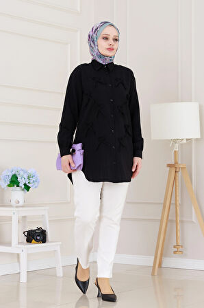 Önü Fiyonk Detaylı Keten Tunik-Siyah