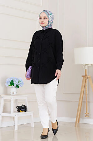 Önü Fiyonk Detaylı Keten Tunik-Siyah