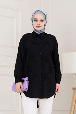 Önü Fiyonk Detaylı Keten Tunik-Siyah