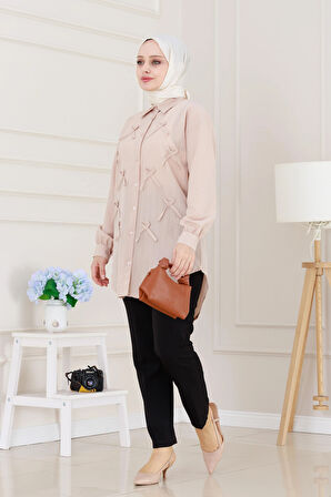 Önü Fiyonk Detaylı Keten Tunik-Bej