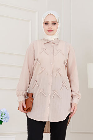 Önü Fiyonk Detaylı Keten Tunik-Bej