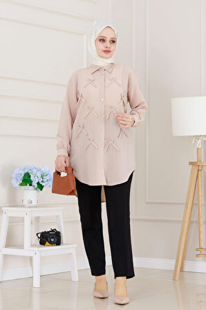 Önü Fiyonk Detaylı Keten Tunik-Bej