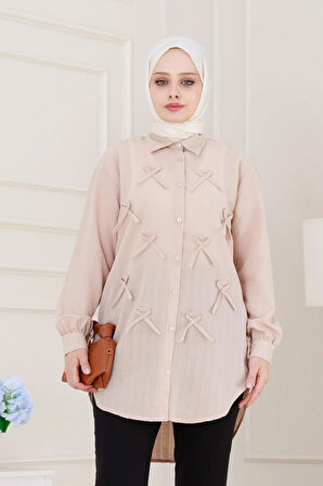 Önü Fiyonk Detaylı Keten Tunik-Bej