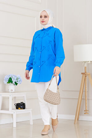 Önü Fiyonk Detaylı Keten Tunik-Mavi