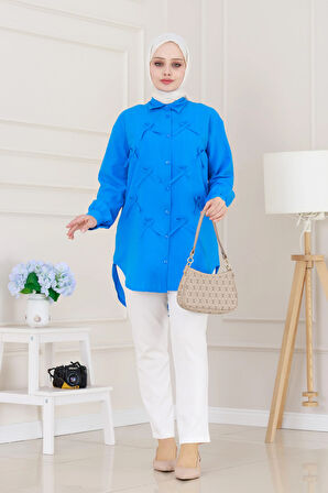 Önü Fiyonk Detaylı Keten Tunik-Mavi