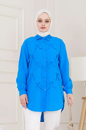 Önü Fiyonk Detaylı Keten Tunik-Mavi