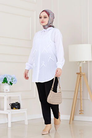Önü Fiyonk Detaylı Keten Tunik-Beyaz