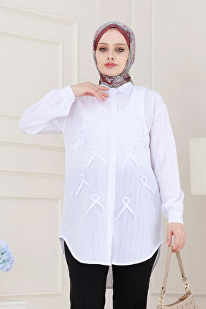 Önü Fiyonk Detaylı Keten Tunik-Beyaz