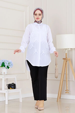 Önü Fiyonk Detaylı Keten Tunik-Beyaz