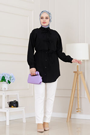 Cepken Detaylı Bağlamalı Keten Tunik-Siyah