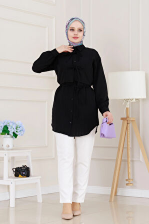 Cepken Detaylı Bağlamalı Keten Tunik-Siyah