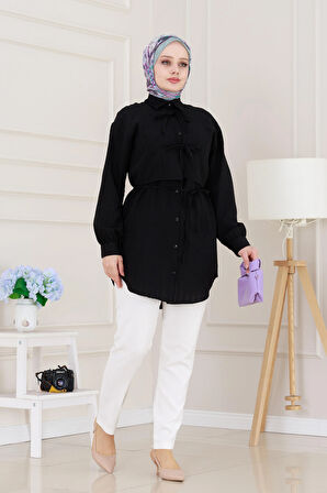 Cepken Detaylı Bağlamalı Keten Tunik-Siyah