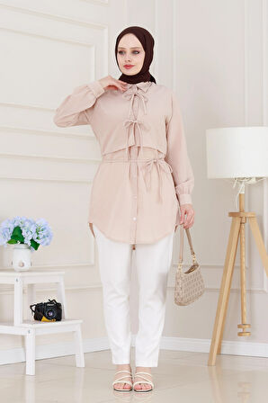 Cepken Detaylı Bağlamalı Keten Tunik-Bej