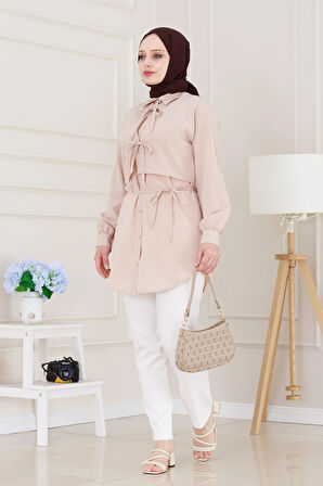 Cepken Detaylı Bağlamalı Keten Tunik-Bej