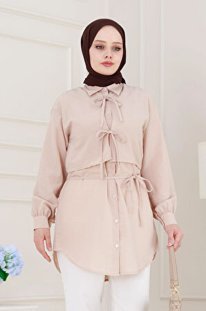 Cepken Detaylı Bağlamalı Keten Tunik-Bej