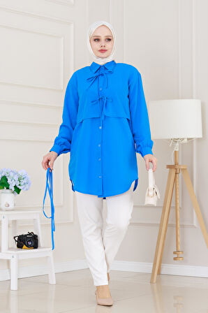 Cepken Detaylı Bağlamalı Keten Tunik-Mavi