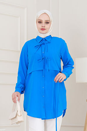 Cepken Detaylı Bağlamalı Keten Tunik-Mavi