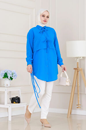 Cepken Detaylı Bağlamalı Keten Tunik-Mavi