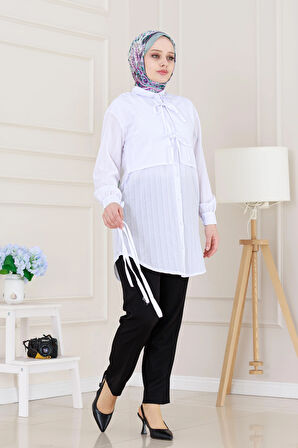 Cepken Detaylı Bağlamalı Keten Tunik-Beyaz