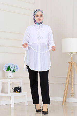 Cepken Detaylı Bağlamalı Keten Tunik-Beyaz