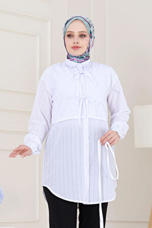 Cepken Detaylı Bağlamalı Keten Tunik-Beyaz