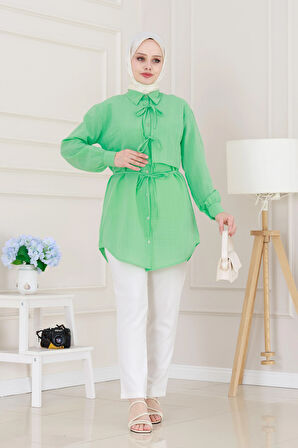 Cepken Detaylı Bağlamalı Keten Tunik-Su Yeşili