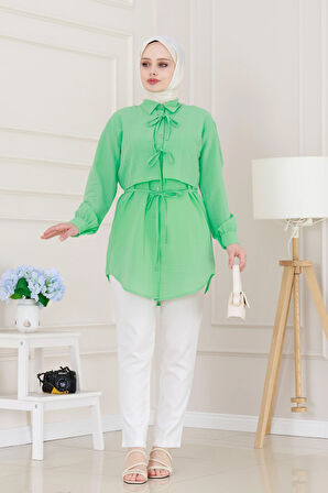 Cepken Detaylı Bağlamalı Keten Tunik-Su Yeşili