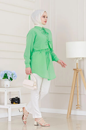 Cepken Detaylı Bağlamalı Keten Tunik-Su Yeşili