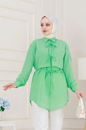 Cepken Detaylı Bağlamalı Keten Tunik-Su Yeşili