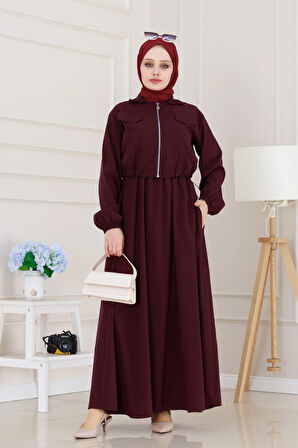 Fermuarlı Cepkenli Jile Elbise-Bordo